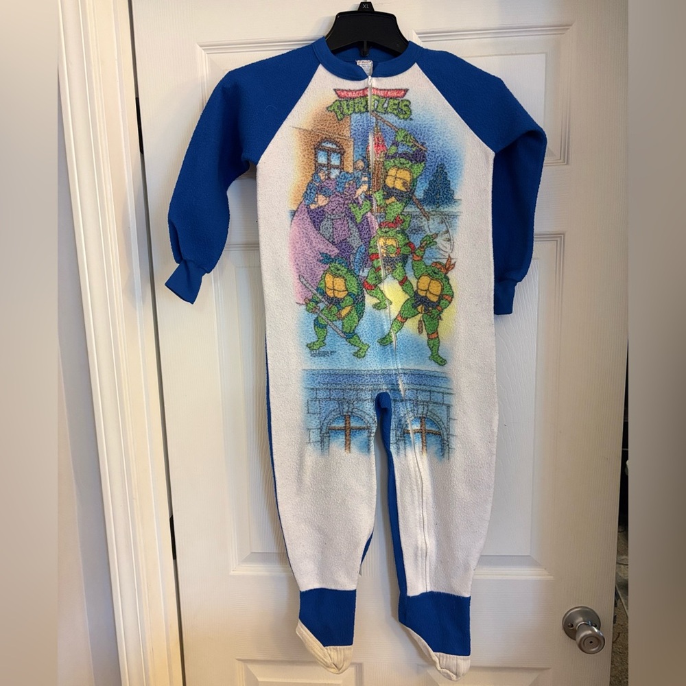 Vintage 90s Teenage Mutant Ninja Turtles Fleece Footed Zip One Piece PJ's Sz 6/7